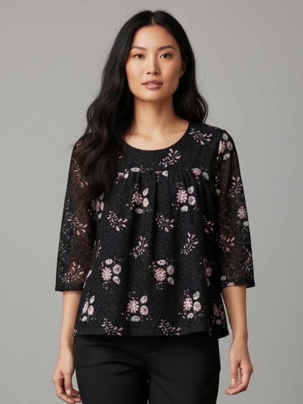 LOFT Black Floral Lace Bell Sleeve Blouse Size L